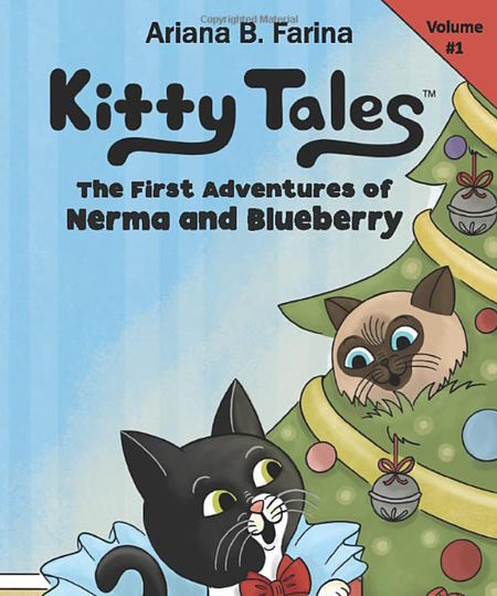 Cartoon illustration of black-and-white cat and chocolate point Siamese in a Christmas tree - cover of Ariana B. Farina's Kitty Tales
