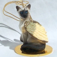 Seal point Siamese cat with angel wings, halo and gold glitter cord; tree decoration