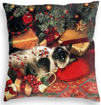 Christmas cushion cover depicting Siamese cat under Christmas tree, with gifts