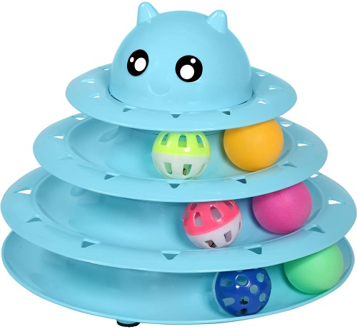 Sky blue interactive cat roller toy - a spinning pyramid of alternating dishes and balls