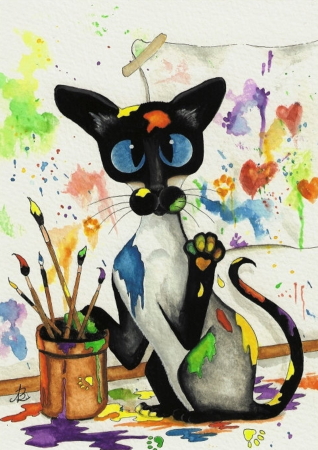 Siamese cat with jug of paintbrushes and surroundings covered in paint splashes. 'Siamese Creative Artist at Work' by AmyLyn Bihrle.