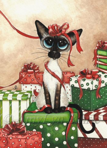 Siamese cat with holiday gifts and red ribbon, painted by AmyLyn Bihrle