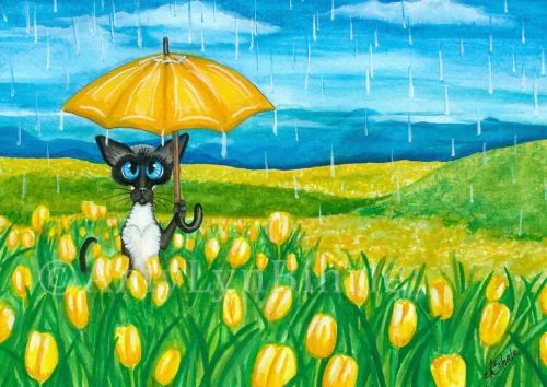 Siamese cat holding an umbrella to ward off the rain, sitting in a field of yellow tulips.