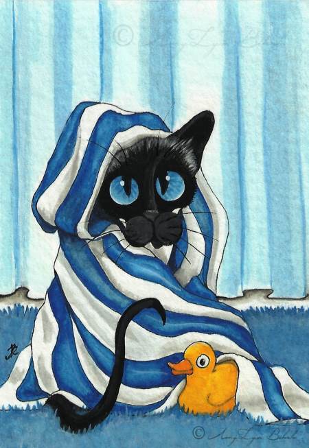 Siamese cat wrapped in a blue-and-white striped bath towel, with yellow rubber duck. Art print by AmyLyn Bihrle.