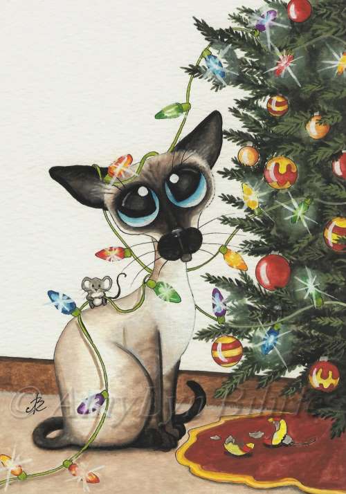 Siamese cat with huge blue eyes stringing Christmas lights on a tree, with mouse helper.