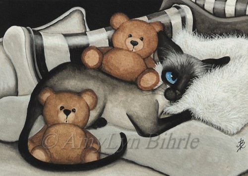 Siamese cat snuggling with two teddy bears - print from an original painting by AmyLyn Bihrle