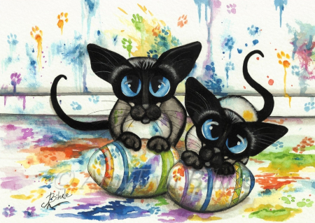 Two playful Siamese cats 'decorating' Easter eggs and making a mess in the process. Image by artist AmyLyn Bihrle.