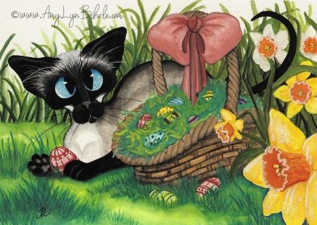Siamese cat with Easter basket containing Easter eggs, in a field of daffodils - artwork by AmyLyn Bihrle