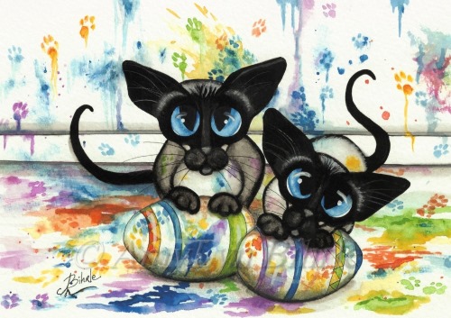 'Double Trouble' - art print by AmyLyn Bihrle. Two Siamese kittens painting Easter eggs.