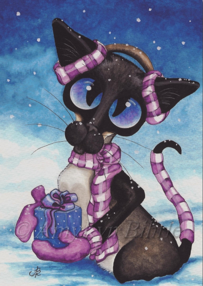 Siamese cat in mittens and scarf in snowy landscape holding special gift. Art print by AmyLyn Bihrle.