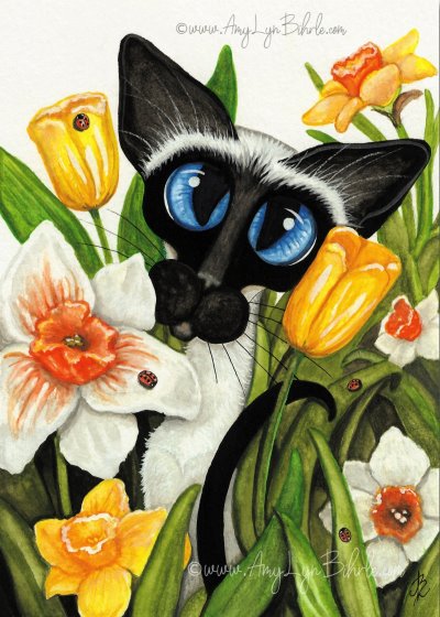Siamese cat sitting in daffodils and tulips - art print by AmyLyn Bihrle