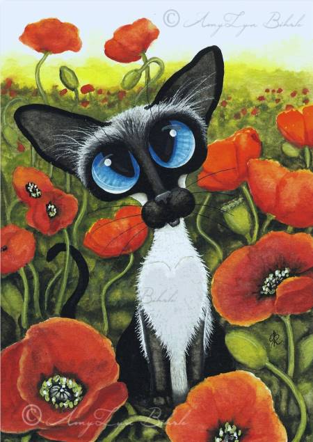 Siamese cat in a field of red poppies - artwork by AmyLyn Bihrle