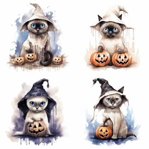 Set of four Siamese cats in ghostly, witchy Halloween costumes with pumpkins. Digital clipart from NixPrint on Etsy.