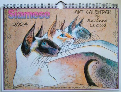 Cover of Suzanne Le Good's Siamese Cat Art Calendar - an impressionist painting of three Siamese cats (seal, flame and blue points) against a beige background