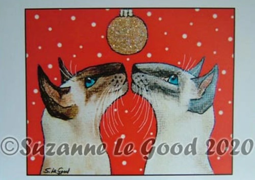 Chocolate point and blue point Siamese cats eye up a glittery gold tree decoration - image by artist Suzanne Le Good.