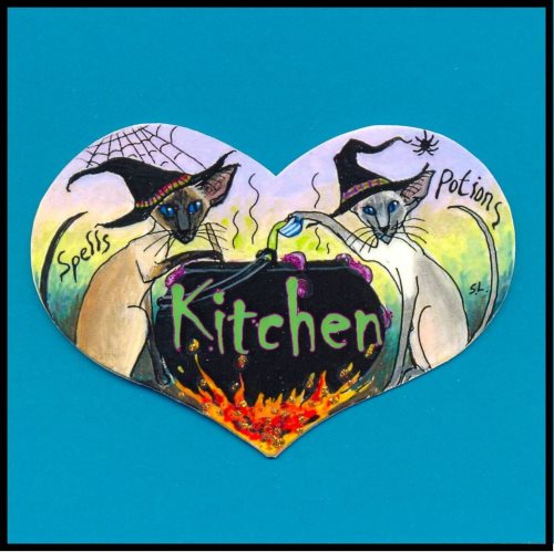 Two Siamese cats wearing witches' hats around a cauldron, preparing Halloween spells and potions.