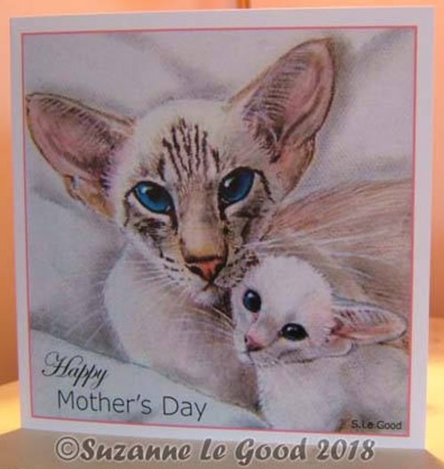Mother's Day card by artist Suzanne Le Good featuring a lynx (tabby) point Siamese mother cat and her white, pink-nosed kitten.