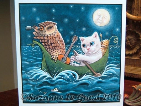 An owl and a white cat in a pea green boat "The Owl and the Pussycat Went to Sea". Greetings card by Suzanne Le Good