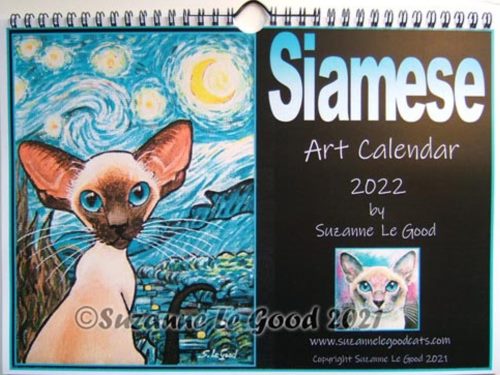 Cover of Suzanne Le Good's 2022 Siamese cat calendar, with seal point Siamese cat in front of a Van Gogh-like background