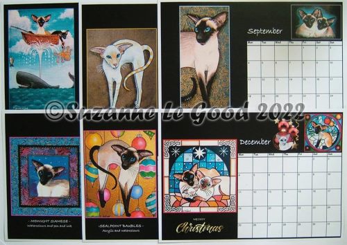 Interior of Suzanne Le Good's 2023 Siamese Cat Art Calendar, showing various designs from the monthly pages.