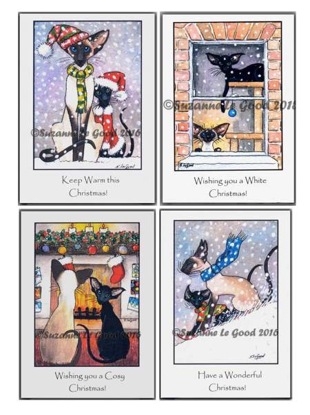 Seal Point Siamese and Black Oriental cats enjoying snow and Christmas delights. Cards created by Suzanne Le Good.