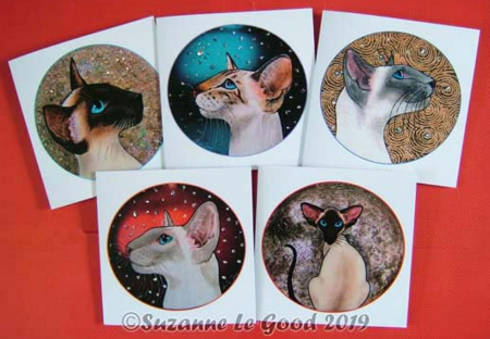 Pack of five glitter-decorated Siamese cat Christmas cards by Suzanne Le Good - assorted point colors