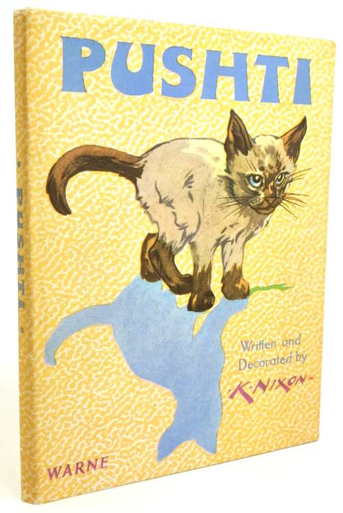 Cover of Pushti, by Kathleen Nixon. Line drawing of a Siamese kitten on a yellow background.