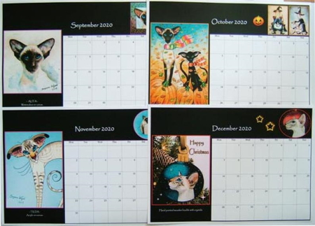 Assorted Siamese cat art from September-December pages of Suzanne Le Good's 2020 Siamese Cat Calendar.
