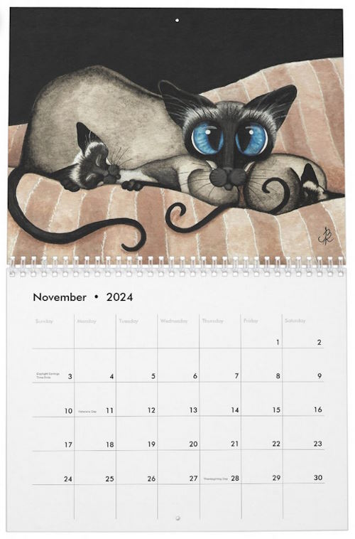 November calendar page from AmyLyn Bihrle's Siamese Cats in Art calendar, showing stylized artwork of a mother Siamese cat and two kittens snuggled on a striped couch
