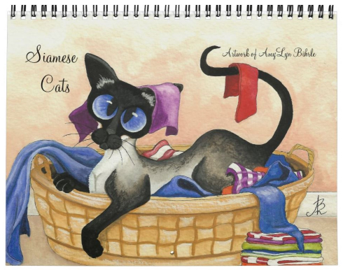 Cover of AmyLyn Bihrle's Siamese Cat Artwork calendar featuring an artistic image of a Siamese cat in a laundry basket