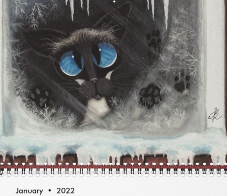 Siamese cat peering out of frosty window - artwork by AmyLyn Bihrle