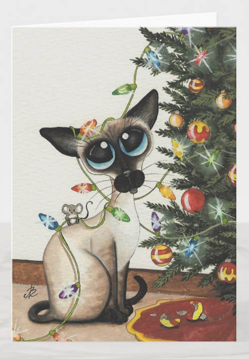 Siamese cat putting up lights and decorations on a Christmas tree with the assistance of a little mouse friend. Artwork by AmyLyn Bihrle.