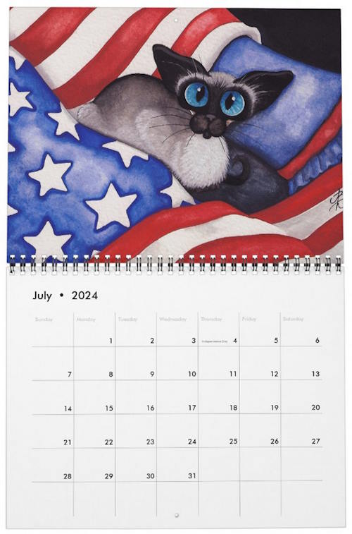 July - interior of AmyLyn Bihrle's Siamese Cat Artwork calendar featuring a Siamese cat on a Stars and Stripes flag