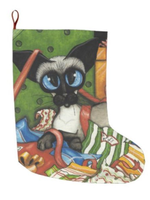 Christmas stocking featuring Siamese cat surrounded by gifts and gift wrap