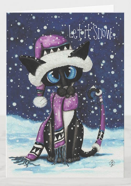 Siamese cat with big blue eyes wearing a purple winter hat, scarf and tail-warmer in a snowy scene. Artwork by AmyLyn Birhle.