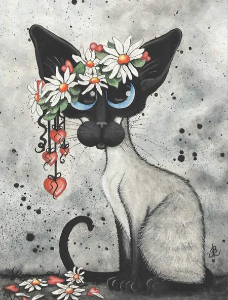 Siamese cat wearing a crown of daisies and hearts - artwork by AmyLyn Bihrle