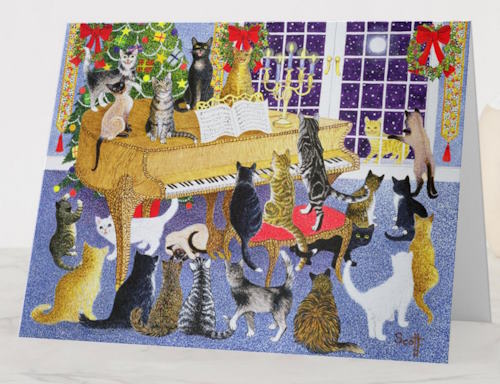 22 cats of assorted colors and breeds gather together around and on a piano to  have a Christmas singalong.