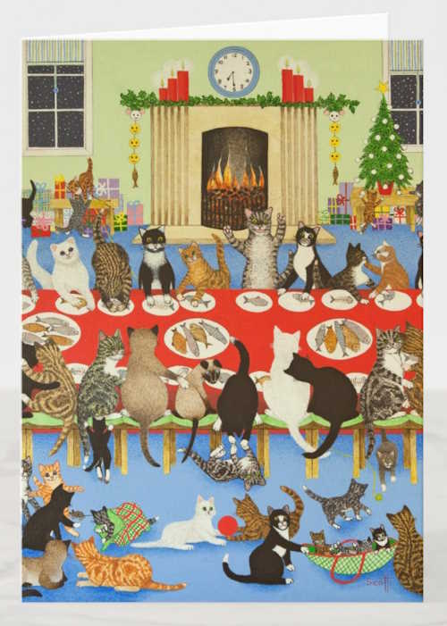 Getting Together. A gathering of cats of all colors and sizes sit around a dining table spread with platters of fish, while their kittens play on the floor behind them. A cozy fire and Christmas decorations add to the convivial atmosphere.