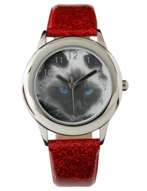 Children's wristwatch with Siamese cat on the watch face, with glittery red watch strap