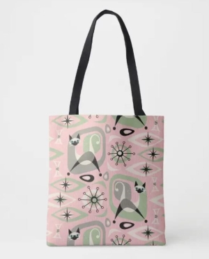Abstract Siamese cat design on a pink and green and black tote bag with black handles