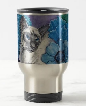 Blue point Siamese cat on a background of blue flowers on a travel coffee mug