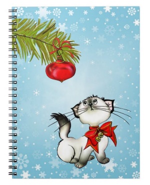 Cartoon Siamese kitty with a red bow collar under a Christmas tree and red decoration - notebook