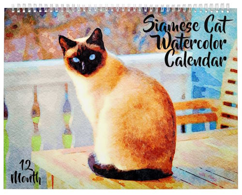 Old-style seal point Siamese cat, with blue background, painted in watercolors