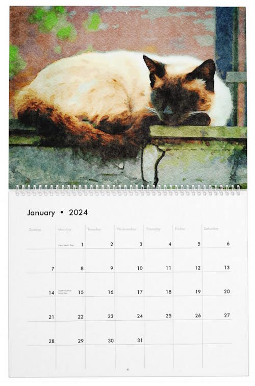 Old-style seal point Siamese cat sleeping in the sun on top of a wall, painted in watercolors